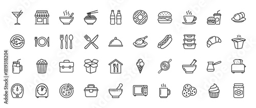 Food and kitchen line icon set. Vector pictograms of burger, coffee, pizza, ramen, croissant, ice cream, toaster, microwave, and cutlery, thin linear illustration.