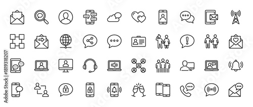 Communication and social media icon set. Vector pictograms of users, smartphones, messages, networking, global connection, and online interaction, thin linear illustration.