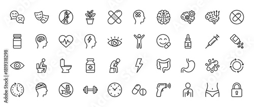 Healthcare and medical line icon set. Vector pictograms of brain, bandage, masks, pill, syringe, heartbeat, stomach, intestine, clock, dumbbell, and eye, thin linear illustration.