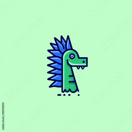 Cute Cartoon Green Monster or Dinosaur Illustration with Blue Spiky Mohawk. Friendly Minimalist Vector Graphic Design Element.