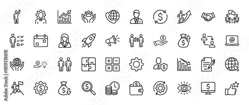 Business and finance line icon set, depicting growth, money, global communication, teamwork, startups, and process automation.