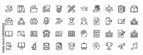 Education line icon set. Vector pictograms of graduation cap, books, pencil, students, online learning, school, calculator, and microscope, thin linear illustration.