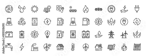 Energy and ecology line icon set. Vector pictograms of solar panels, wind turbines, power plants, batteries, electric plugs, and environmental elements, thin linear illustration.