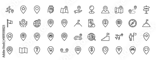 Navigation line icon set. Vector pictograms of location pins, maps, globes, compass, routes, signposts, and travel elements, thin linear illustration.