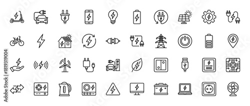 Electricity and energy line icon set. Vector pictograms of plugs, charging, solar panels, batteries, smart devices, light bulbs, wind turbines, and electronic equipment, thin linear illustration.