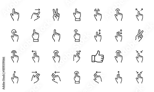 User interface gestures line icon set. Vector pictograms of tap, swipe, pinch, scroll, rotate, and various multi-finger interactions, thin linear illustration.