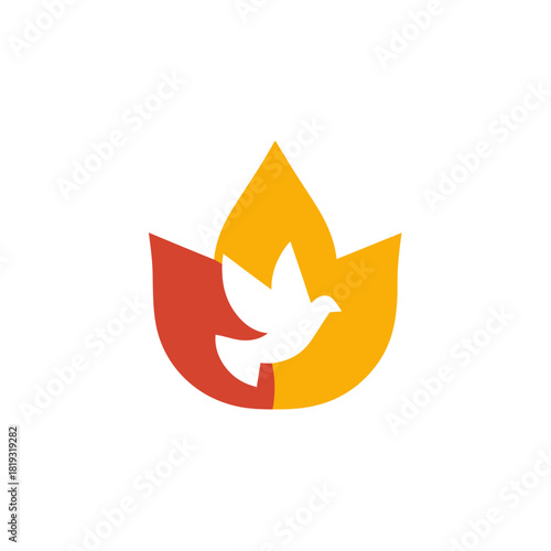 Stylized white dove within a vibrant red and yellow flame symbol. Modern graphic illustration representing peace, spirituality, and hope.