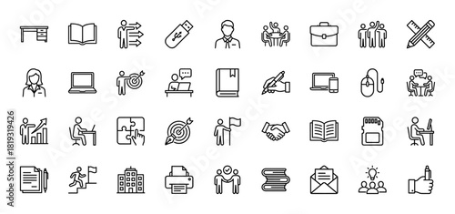 Business and education line icon set. Vector pictograms of briefcase, book, meeting, laptop, target, document, handshake, building, printer, thin linear illustration.