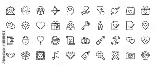 Love and romance line icon set. Vector pictograms of hearts, gifts, couples, rings, and romantic symbols, thin linear illustration.