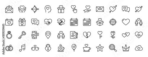 Love and romance line icon set. Vector pictograms of hearts, gifts, letters, rings, couples, roses, and calendars, thin linear illustration.