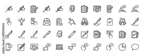 Feedback and survey line icon set. Vector pictograms of clipboard, checklist, pen, smartphone, writing hand, meeting, thumbs up, and star rating, thin linear illustration.