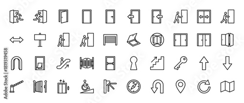 Navigation and access icon set. Vector pictograms of various doors, exits, entrances, arrows, keys, and directional symbols, thin linear illustration.