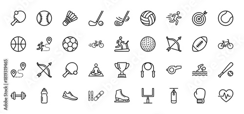 Sports and fitness line icon set. Vector pictograms of volleyball, baseball, running, soccer, tennis, golf, cycling, boxing, swimming, and fitness gear, thin linear illustration.