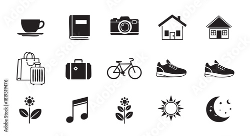 Assorted black and white icon set featuring travel leisure and everyday life