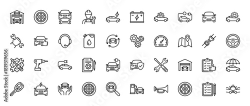 Automotive service line icon set. Vector pictograms of car, mechanic, tire, battery, tools, speedometer, checklist, car key, electric vehicle, garage, thin linear illustration.