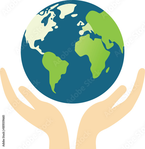 Hands holding planet earth icon, symbol of global care and environmental protection