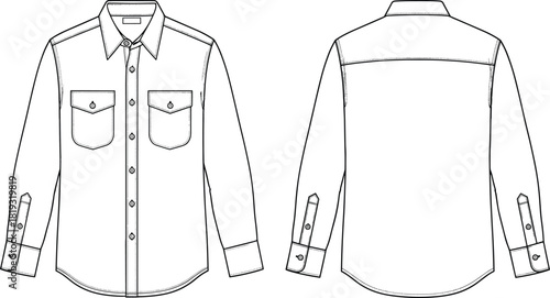 Men's long sleeve shirt, two flap pockets, utility style, button down, front back view, technical fashion sketch, cad drawing flat vector illustration