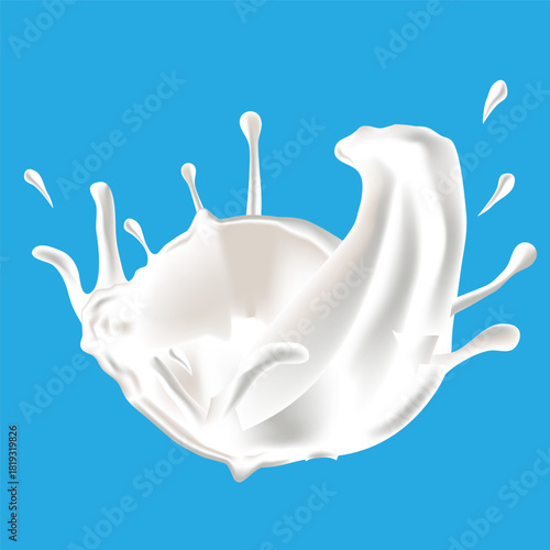 Milk liquid splashing isolated on solid color background. Realistic vector in 3D elements. Food and Drink concepts.