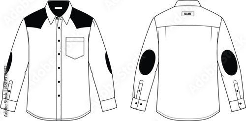 Men's long sleeve shirt, contrast yoke, elbow patches, western style, front and back view, technical fashion illustration, cad drawing flat vector illustration