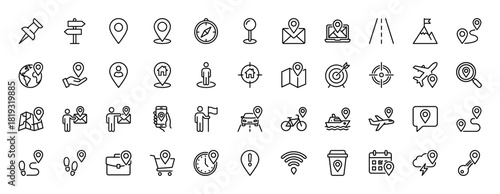 Location and navigation line icon set. Vector pictograms of map pins, routes, compass, globe, vehicles, buildings, targets, and communication, thin linear illustration.