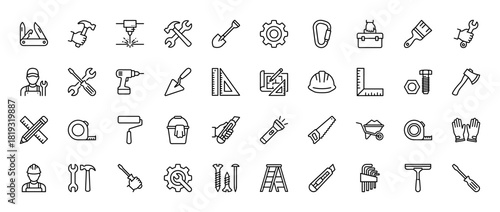 Construction and engineering line icon set. Vector pictograms of hammer, wrench, drill, toolbox, hard hat, saw, ruler, blueprint, and various hand tools, thin linear illustration.
