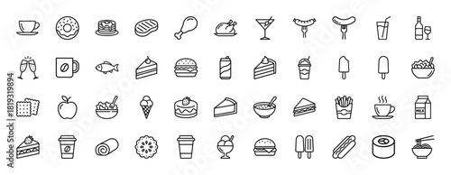 Food and drink line icon set. Vector pictograms of roasted chicken, steak, pancakes, coffee, donut, burger, pizza, sushi, cake, ice cream, and salad, thin linear illustration.