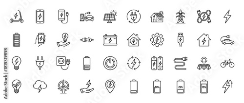 Energy and electricity line icon set. Vector pictograms of electric plugs, charging devices, solar panels, wind turbine, batteries, and electric vehicles, thin linear illustration.