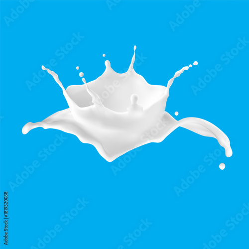 Milk liquid splashing isolated on solid color background. Realistic vector in 3D elements. Food and Drink concepts.