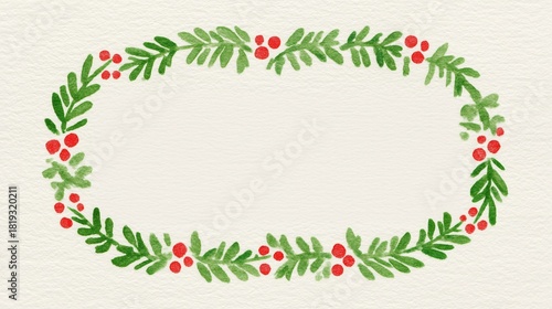 Christmas wreath with green foliage and red berry, watercolor style circular frame on white textured background. Ideal for festive decor, holiday invitation, greeting card with soft artistic touch.