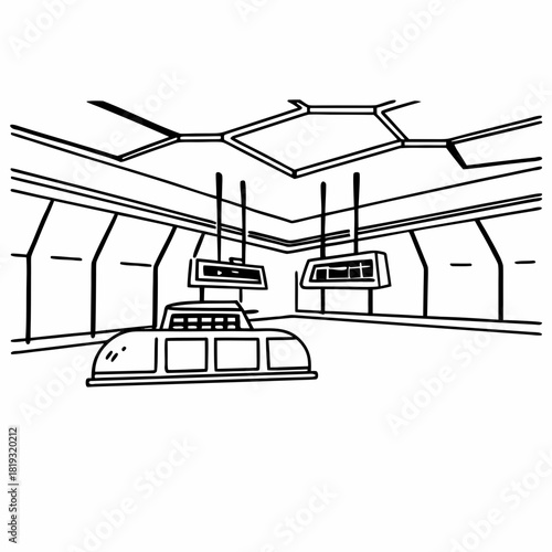 A futuristic airport terminal with glowing red hexagon walls and an old-school split-flap departure board flipping rapidly.