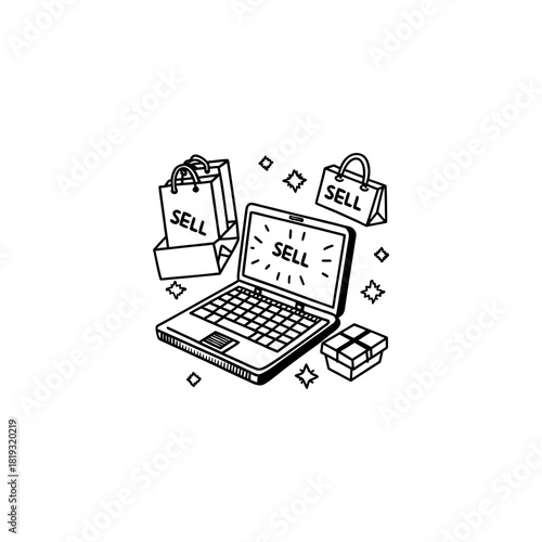 Laptop displaying sale with shopping bags and gift boxes representing online shopping and e commerce isolated on transparent background isolated on white background