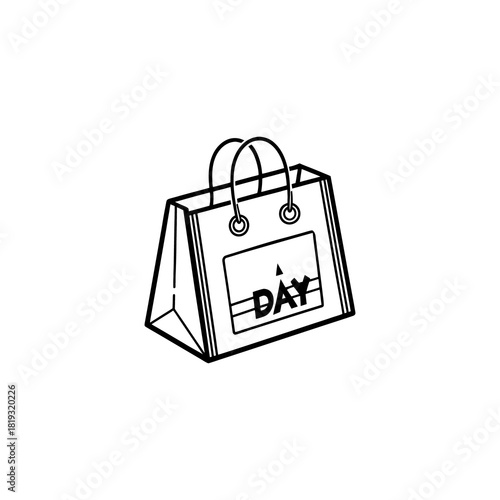 Shopping bag with day text and handles a simple line art illustration of a paper bag used for carrying purchases isolated on white background isolated on transparent background