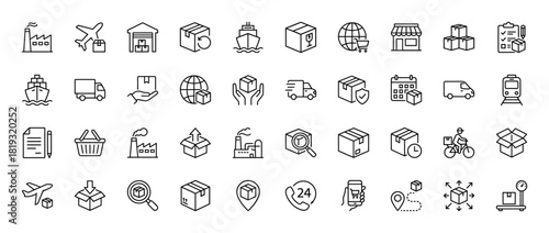 Logistics line icon set. Vector pictograms of shipping boxes, delivery vehicles, warehouse, factory, airplane, ship, globe, location pin, and shopping basket, thin linear illustration.