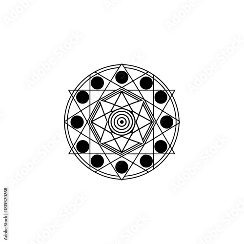 Black and white gears and circular saw blades form a precise, intricate, round blue pattern for a technical vector illustration icon