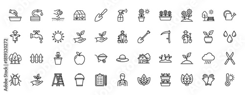 Gardening line icon set. Vector pictograms of seeds, shovel, watering can, greenhouse, seedling, scarecrow, garden tools, and potted plants, thin linear illustration.