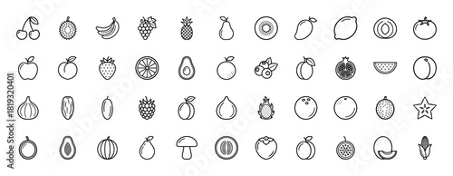 Food and produce line icon set. Vector pictograms of grapes, kiwi, cherries, banana, pineapple, strawberry, peach, apple, orange, thin linear illustration.