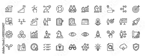 Business planning and strategy line icon set. Vector pictograms of chess, growth, targets, rockets, collaboration, tasks, ideas, and vision, thin linear illustration.