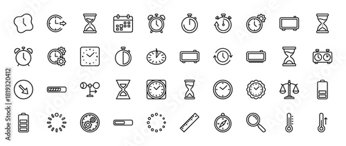 Time and measurement line icon set. Vector pictograms of clocks, calendar, hourglass, stopwatch, thermometer, battery, ruler, compass, and scales, linear illustration.