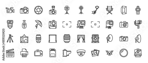 Photography line icon set. Vector pictograms of camera, lens, tripod, studio light, flash, film roll, SD card, clapperboard, and drone, thin linear illustration.