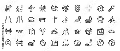 Transportation line icon set. Vector pictograms of roads, cars, traffic lights, maps, city, bridge, bicycles, and speed limits, thin linear illustration.
