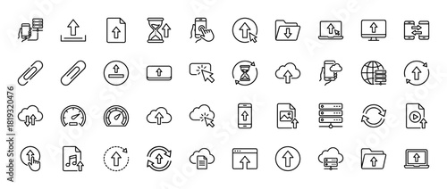 Data transfer and cloud computing line icon set. Vector pictograms of uploads, downloads, servers, cloud storage, smartphones, and files, thin linear illustration.
