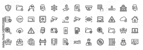 Cybersecurity line icon set. Vector pictograms of padlocks, data protection, secure devices, surveillance cameras, digital threats, and authentication, thin linear illustration.