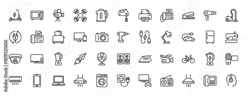 Household appliances and consumer electronics line icon set. Vector pictograms of microwave, blender, laptop, drone, washing machine, and camera, thin linear illustration.