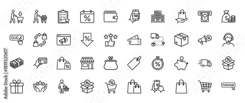 Shopping and e-commerce line icon set. Vector pictograms of mall, shopping cart, smartphone, wallet, money bag, delivery truck, gift box, and customer support, thin linear illustration.