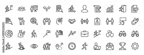 Business and career line icon set. Vector pictograms of ascending stairs, financial growth, teamwork, strategy, goal setting, and innovation, thin linear illustration.