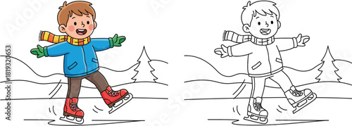 Vector illustration of a cute cartoon boy ice skating in winter with black and white outline for coloring book