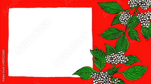 Vibrant red background with white blank space, green foliage and white berries, decorative illustration ideal for card, invitation or text layout with bold vivid tone.
