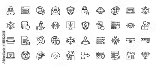 Cybersecurity line icon set. Vector pictograms of digital protection, data privacy, network security, hacker, password, and secure connection elements, thin linear illustration.