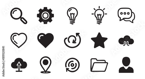 Collection of essential user interface icons for digital applications and websites