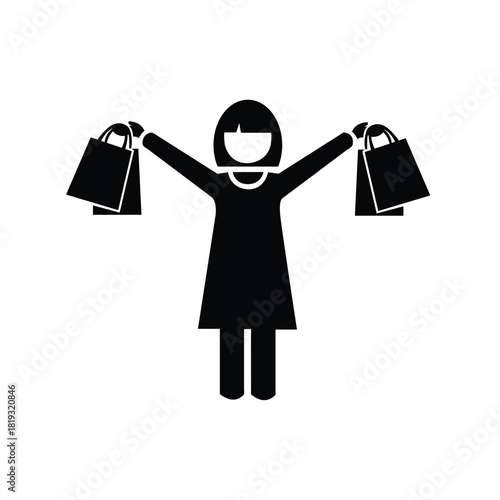 Black silhouette icon of a woman holding two shopping bags with arms raised in success